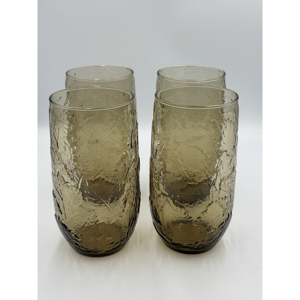 Vtg Anchor Hocking Smoky Amber‎ LARGE Tumblers Tartan Crinkle Leaf Glasses
